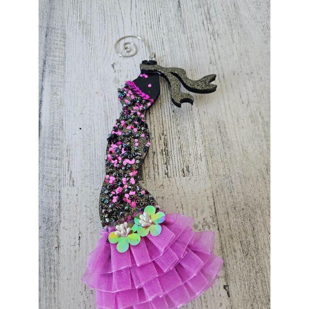 Fancy evening dress ornament pink‎ beaded ruffle Xmas tree ornament